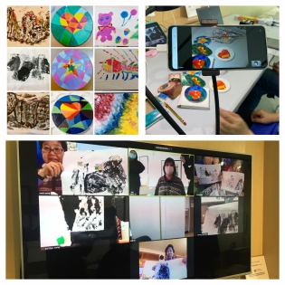 Top-left: photo of artworks; top-right and bottom: photos taken during zoom classes