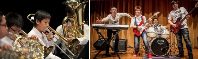 「香港耀能協會田綺玲學校銅管樂團」（左）及「Omega4」樂隊（右）演出照片