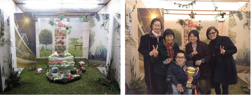 北區花鳥蟲魚展覽會2011作品（左）、註冊攝影及花藝藝術家獲頒「最佳小型展覽攤位」獎項合照（右)