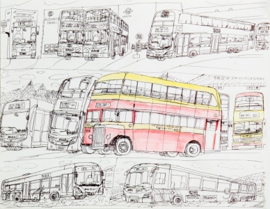 陳子賢原子筆及木顏色紙本作品《巴士遊踪（一）》
