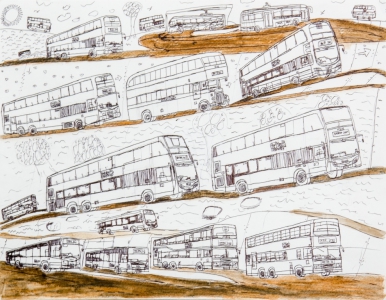 陳子賢原子筆及木顏色紙本作品《巴士遊踪（二）》